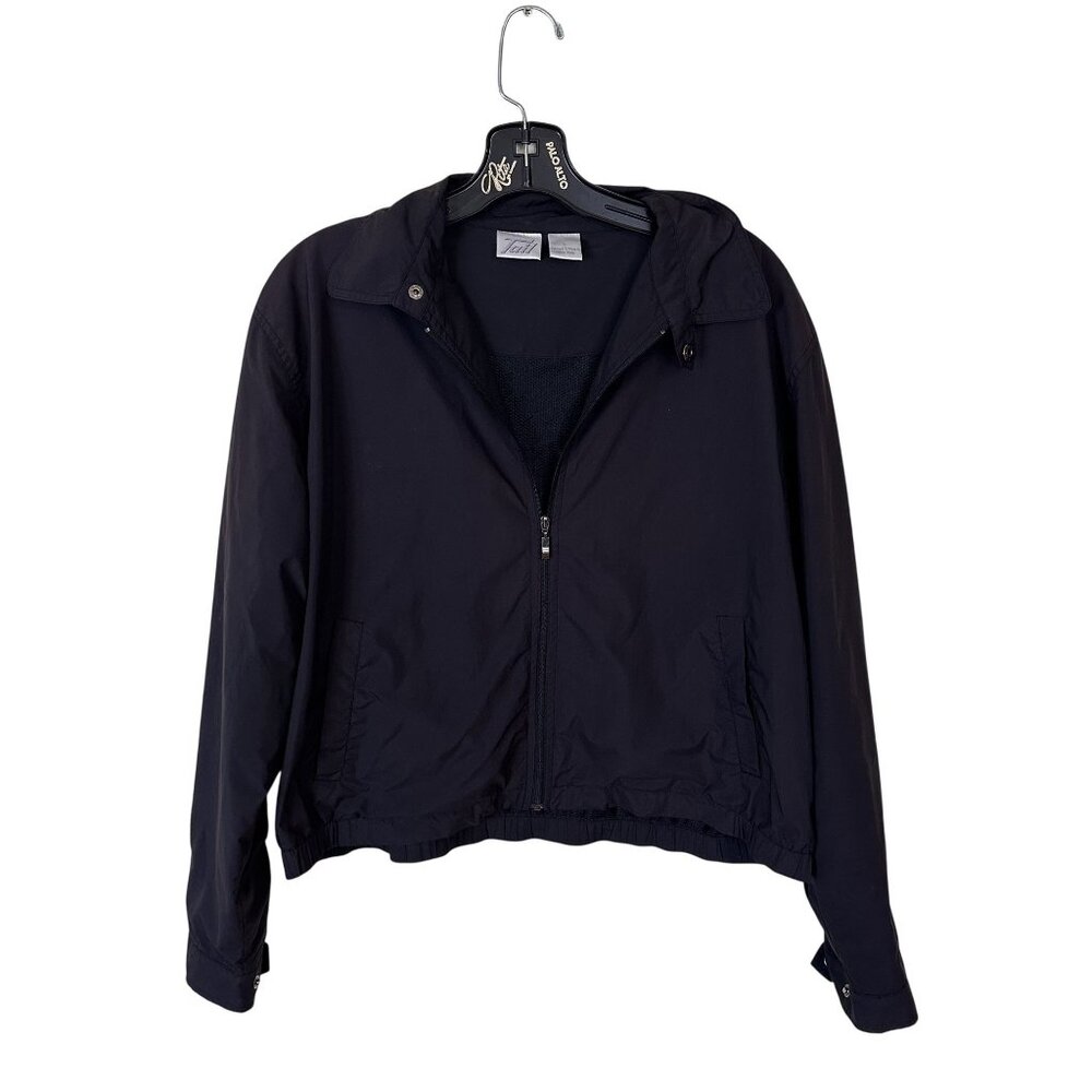 Vtg Womens Windbreaker Black Jacket Zip Up Front Closure Large Short Waist